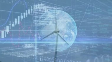 Finansal verilerin ve rüzgar türbininin üzerindeki kürenin animasyonu. Çevre gücü, yeşil enerji, küresel finans ve ekonomi konsepti dijital olarak oluşturulmuş video.