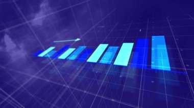 Mavi arkaplan ile ızgara ağı üzerinden istatistiksel veri işleme dijital animasyonu. İş verileri ve analitik kavramı