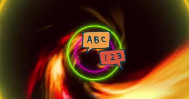 Siyah zemin üzerinde neon halkalar üzerinde ABC 123 animasyonu. Okula, eğitime, satışlara ve promosyonlara dönüş konsepti dijital olarak oluşturuldu.