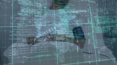 Data processing and spinning globe over african american male patient lying on hospital bed. Medical healthcare and technology concept