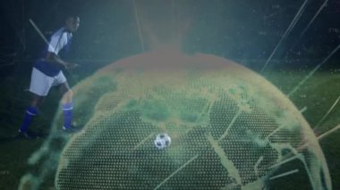 Afro-Amerikan erkek futbolcu üzerinden veri işleme animasyonu. Küresel spor ve dijital arayüz kavramı dijital olarak oluşturulmuş video.