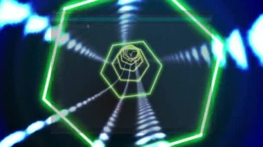 Siyah arkaplandaki altıgenlerden oluşan tünelin animasyonu. renk, hareket ve teknoloji konsepti dijital olarak oluşturulmuş video.