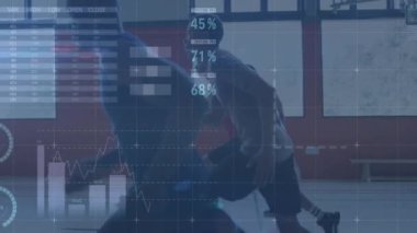 Koşan çeşitli sporcuların veri işleme animasyonları. Küresel spor ve dijital arayüz kavramı dijital olarak oluşturulmuş video.