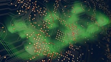 Yeşil arkaplandaki karelerle entegre devrelerin animasyonu. Bilgisayarlar, veri işleme, donanım ve teknoloji konsepti dijital olarak oluşturulmuş video.