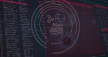 Siyah arkaplanda veri işleme üzerine simgelerin canlandırılması. Küresel teknoloji, bilgisayar ve dijital arayüz kavramı dijital olarak oluşturulmuş video.