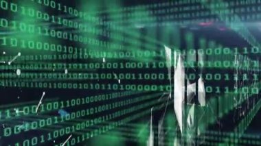 Donanma arkaplanındaki ikili kod ve şekillerin animasyonu. bilgisayarlar, programlama, veri işleme ve teknoloji konsepti dijital olarak oluşturulmuş video.