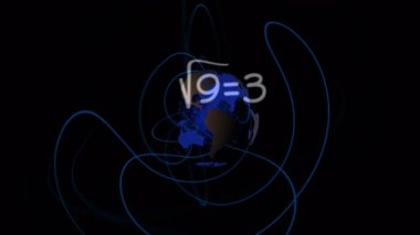 Siyah zemin üzerinde dönen dünya ve matematik formüllerinin animasyonu. Bilim, insan biyolojisi, matematik ve teknoloji konsepti dijital olarak üretilen video.