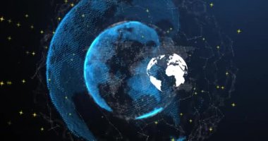 Dünya 'nın animasyonu, donanma arka planında bağlantılar ve noktalar. Küresel ağ, bağlantılar, sosyal medya ve teknoloji konsepti dijital olarak oluşturulmuş video.