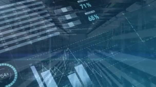 海軍の背景に移動トンネル上のグラフや財務データのアニメーション ビジネス コンセプトデジタルで生成されたビデオ — ストック動画