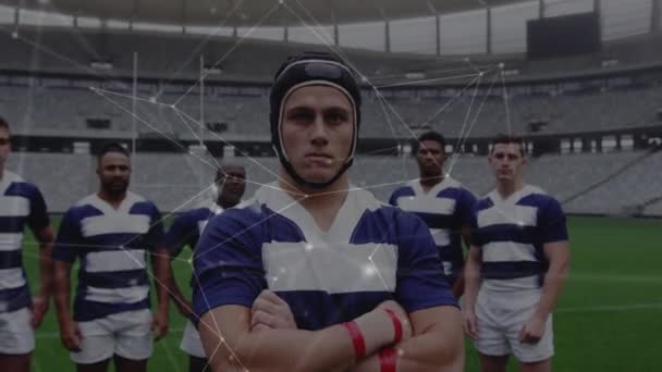 Animatie Van Het Netwerk Van Verbindingen Diverse Mannelijke Rugbyspelers Feest — Stockvideo