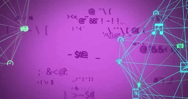 Image of network of connections with icons and math formulas on pink background. global network, connections and technology concept digitally generated image.