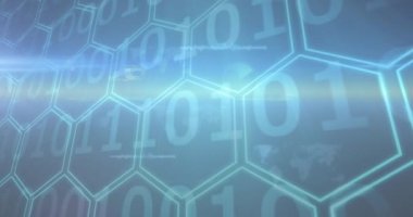 Mavi arkaplanda veri işleme animasyonu. küresel iş ve dijital arayüz kavramı dijital olarak oluşturulmuş video.