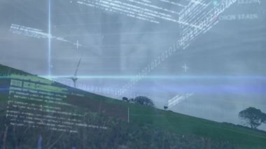 Rüzgar türbinleri üzerinde finansal veri işleme animasyonu. Küresel iş, finans ve dijital arayüz kavramı dijital olarak oluşturulmuş video.