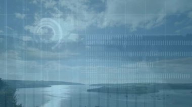 Manzara üzerinde veri işleme animasyonu. küresel finans teknolojisi ve dijital arayüz konsepti dijital olarak oluşturulmuş video.