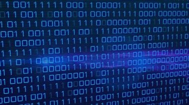 İkili kodlama veri işlemesinin dijital animasyonu ve mavi arkaplana karşı ışığın noktası. Bilgisayar arayüzü teknolojisi kavramı