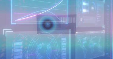 Mavi arkaplan üzerinde veri işleme ve bağlantı ağının animasyonu. küresel bağlantılar, veri işleme ve dijital arayüz konsepti dijital olarak oluşturulmuş video.