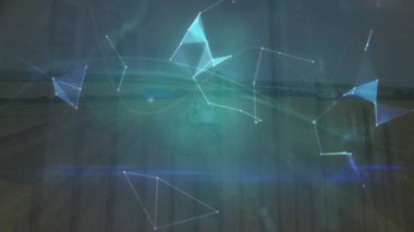 Manzara üzerinde parlayan şekillerin ve kürenin animasyonu. Dijital olarak oluşturulan küresel bağlantılar, finans, ekonomi ve teknoloji konsepti.