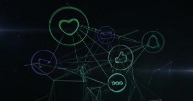 Siyah arkaplanda sosyal medya simgeleriyle bağlantı ağının animasyonu. küresel bağlantılar, sosyal medya ve veri işleme konsepti dijital olarak oluşturulmuş video.