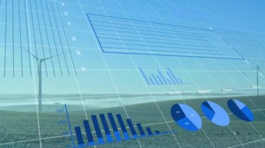 Rüzgar türbini üzerinde istatistik ve veri işleme animasyonu. küresel çevre, sürdürülebilirlik, teknoloji, iş ve veri işleme kavramı dijital olarak oluşturulmuş video.