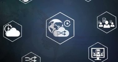 Mavi arkaplanda veri işleme animasyonu. küresel iş ve dijital arayüz kavramı dijital olarak oluşturulmuş video.