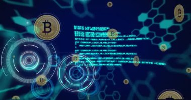 Donanma arka planında bilimsel verilerin, bitcoin ve altıgenlerin animasyonu. Bilim, veri işleme, kripto para birimi ve teknoloji konsepti dijital olarak oluşturulmuş video.
