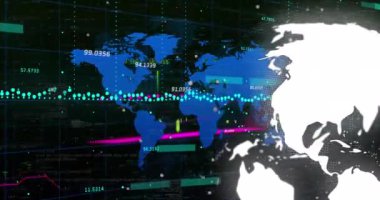 Veri animasyonu, dünya haritası ve siyah arkaplan üzerindeki dünya. Küresel finans, ekonomi, veri işleme ve teknoloji konsepti dijital olarak oluşturulmuş video.