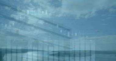 Bulutların üzerinde veri işleme animasyonu. küresel iş ve dijital arayüz kavramı dijital olarak oluşturulmuş video.