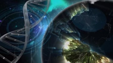 Siyah arka planda dünya üzerinde dönen DNA animasyonu. ağ, bağlantılar, bilim ve teknoloji konsepti dijital olarak oluşturulmuş video.