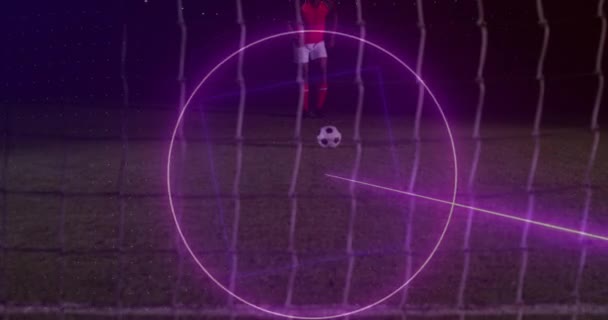 Animation Neon Shapes African American Football Player Kicking Ball Stadium — ストック動画