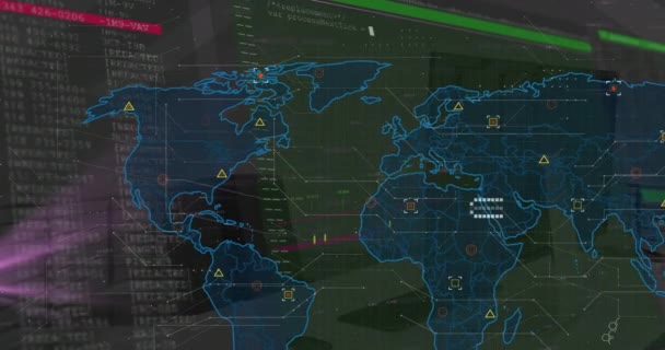 Koyu Yeşil Arka Planda Dünya Haritası Simgeler Grafikler Veri Işleme — Stok video