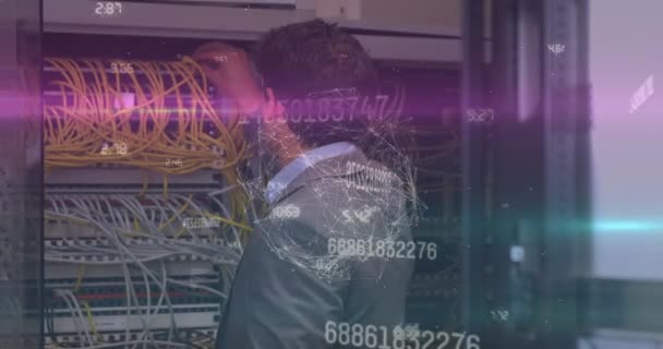 Globe Network Connections Caucasian Male Engineer Working Computer Server Room — Stock videók