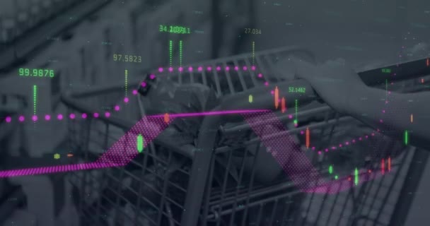 食料品店のショッピングカートに対する財務データ処理と世界地図 グローバルな金融 ビジネス技術の概念 — ストック動画