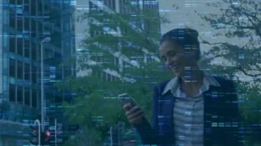 Blue mosaic squares against against caucasian businesswoman using smartphone on the street. global finance and business technology concept