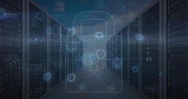 Sunucu odasında veri işleme animasyonu. küresel iş ve dijital arayüz kavramı dijital olarak oluşturulmuş video.