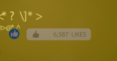 Sarı arka planda süzülen sosyal medya tepkilerinin animasyonu. Sosyal medya, ağ ve iletişim konsepti dijital olarak oluşturulmuş video,.