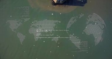 Dünya haritasının animasyonu ve kayalıklarla dolu bir deniz kıyısındaki dünya. Küresel finans ve ekonomi kavramı dijital olarak oluşturulmuş video.