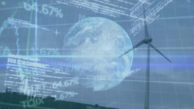 Rüzgâr türbini üzerinde finansal veri işleme ve küre animasyonu. Küresel iş, finans ve dijital arayüz kavramı dijital olarak oluşturulmuş video.