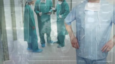 Çeşitli doktorların konuştuğu veri işleme animasyonu. Küresel tıp ve dijital arayüz kavramı dijital olarak oluşturulmuş video.