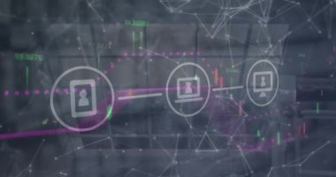 Dijital simgeler, finansal veri işleme ve ofis penceresine karşı bağlantı ağı. Küresel ağ ve iş teknolojisi kavramı