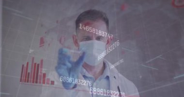 Animation of data processing over caucasian male doctor with test tube. Global medicine and digital interface concept digitally generated video.