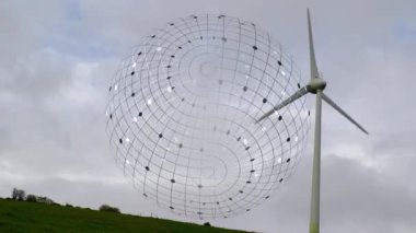 Rüzgâr türbini ve bulutların üzerindeki noktalı küre animasyonu. Yeşil enerji ve eko güç kavramı dijital olarak oluşturuldu.