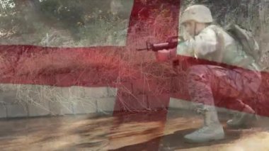 İngiliz bayrağının Kafkasyalı silahlı erkek asker üzerinde canlandırılması. Ulusal bayraklar ve vatanseverlik kavramı dijital olarak oluşturuldu.