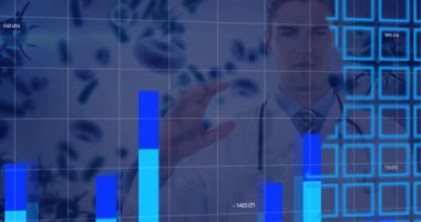 Görünmez bir obje ve covid-19 hücreleri tutan nedensel erkek doktor hakkında istatistiksel veri işleme. Covid-19 salgın hastalık ve tıbbi sağlık teknolojisi kavramı