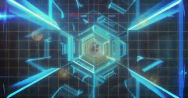Dijital uzayda hareket eden neon ışıkların ve bitcoin 'lerin animasyonu. Maliye, ekonomi, dijital para birimi konsepti dijital olarak oluşturulmuş video.