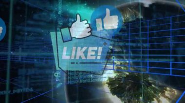 Dönen küre üzerindeki ikonlar ve mavi arkaplan üzerindeki veri işleme simgeleri gibi. Sosyal medya ağı ve teknoloji kavramı