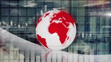 Dünya ve ofis üzerindeki finansal veri ve grafiklerin animasyonu. küresel finans, ekonomi, iş ve teknoloji kavramı dijital olarak oluşturulmuş video.