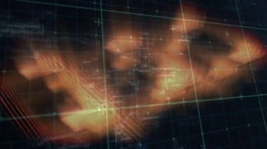 Turuncu ışık yollarının animasyonu ve şebeke üzerinde veri işleme. küresel dijital arayüz, veri işleme ve hesaplama kavramı dijital olarak oluşturulmuş video.