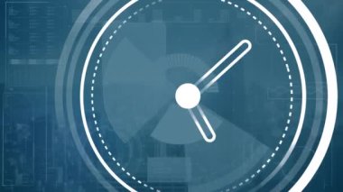 Mavi arkaplanda saat ve veri işleme animasyonu. Dijital olarak oluşturulmuş küresel bağlantılar, veri işleme ve dijital arayüz kavramı.