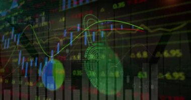 Güvenlik asma kilidi simgesi ve istatistiksel veri işlemesi siyah arkaplan karşısında. Siber güvenlik ve iş teknolojisi kavramı