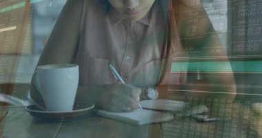 Animation of digital interface over biracial women writing. Global connections, data processing and digital interface concept digitally generated video.